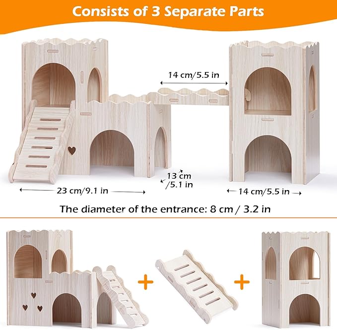 Large Hamster Hideout, Wooden Hamster Houses and Hideouts, Double-Decker Hamster Hut Castle, Dwarf Gerbils Habitat House with Climbing Ladder, Multi Chamber Syrian Hamsters Hides