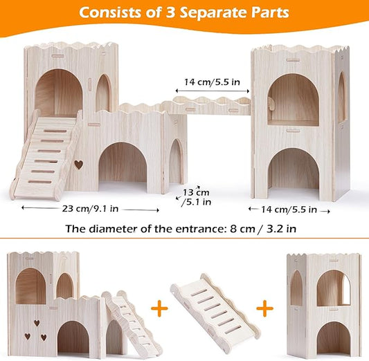 Large Hamster Hideout, Wooden Hamster Houses and Hideouts, Double-Decker Hamster Hut Castle, Dwarf Gerbils Habitat House with Climbing Ladder, Multi Chamber Syrian Hamsters Hides
