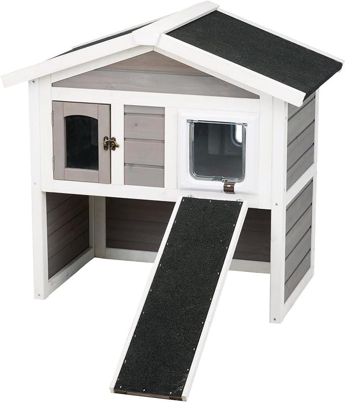 TRIXIE Insulated Outdoor Cat House, Weatherproof 2-Story Cat Home with a Ramp, 2 Covered Openings, Spacious Outdoor Shelter to Rest and Play with, Pewter & White Fir Wood