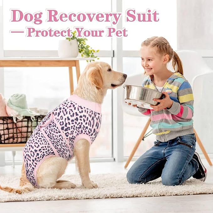Kuoser Recovery Suit for Dogs, Comfy Dog Recovery Suit Female Doggie Onesie for Surgery, Post-Op Onesie for Female & Male Dogs, Soft Protective Wear, PinkLeopard XXL