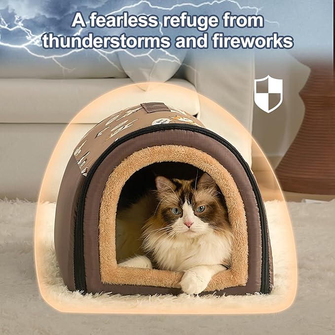 Jiupety Cozy Small Pet Dog House, 2 in 1 Puppy House, S Size for Cat and Puppy, Warm Cave Sleeping Nest for Cats and Dogs, S(14"×12"×11"), Up to 5 Lb, Brown