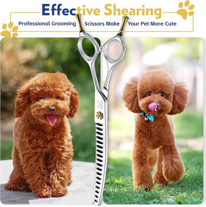 JASON Dog Scissors for Grooming - 7" Up-curved Chunker Shears with 65%-70% Thinning Rate, Professional Japanese 440C Stainless Steel Dog Grooming Chunkers with Adjustable Screw (18 Teeth, Silver)
