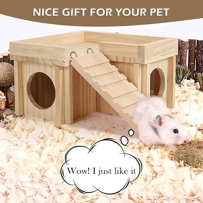 Natural Wood Small Pet Hideout with Climbing Ladder & Multi-Room Maze Sturdy Hamster House for Chinchilla, Sugar Gliders, Dwarf Hamster No Tools Assembly Cage Accessory