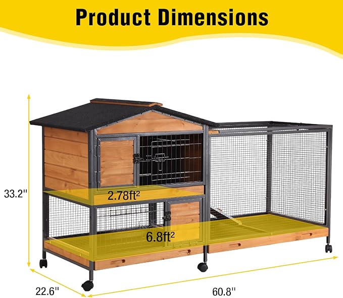 Aivituvin Rabbit Hutch Indoor 2 Story Bunny Cage Outdoor Guinea Pig Cage with Caster Wheels Chicken Coop with Run, 3 Pull Out Tray (Black&Wood)