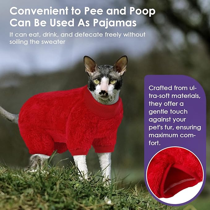 SUNFURA Sphynx Hairless Cat Sweater, Full Body Warm Fleece Sweaters with Sleeves for Cats, Soft Turtleneck Cat Clothes, Cozy Pullover Pajamas for Hairless Cats Devon, Donskoy & Small Dogs, Red L