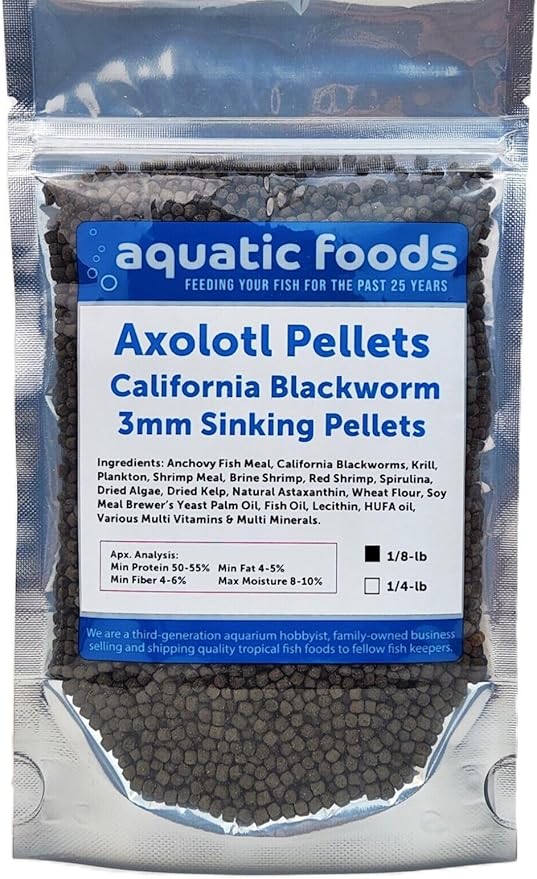 Aquatic Foods Inc. Axolotl Blackworm Pellets. 3mm-1/8 Sinking California Blackworm Medium Pellets for Medium/Large Axolotl, Frogs, Shrimp, Salamanders, Newts, Snails…1/8-lb Pouch Bag