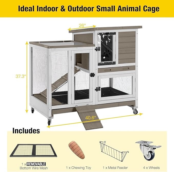 Aivituvin Large Rabbit Hutch with Removable Wire Netting, 2 Deep Trays, 4 Wheels, Sliding Door, and Extra Access Door - Mocca Color
