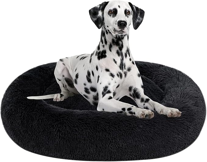 Coohom Oval Calming Donut Cuddler Dog Bed,Shag Faux Fur Cat Bed Washable Round Pillow Pet Bed(30"/36"/43") for Small Medium Dogs (XL(36"x27"x7"), Dark Grey)