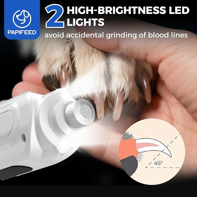 PAPIFEED 6-Speed Dog Nail Grinder Quiet, Silent Groom Pro with 2 LED Lights & Dust-Proof Cover, Nail Grinder for Large/Medium/Small Dogs & Cats, Rechargeable Type-C Charging - White