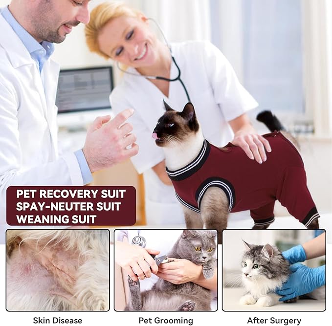 T'CHAQUE Cat Surgery Recovery Suit for Female Male, Cat Onesie Pet Surgical Pajamas Long Sleeve, Abdominal Wound Healing, E-Collar Alternative, Spay/Neuter Recovery Garment-Burgundy-XL