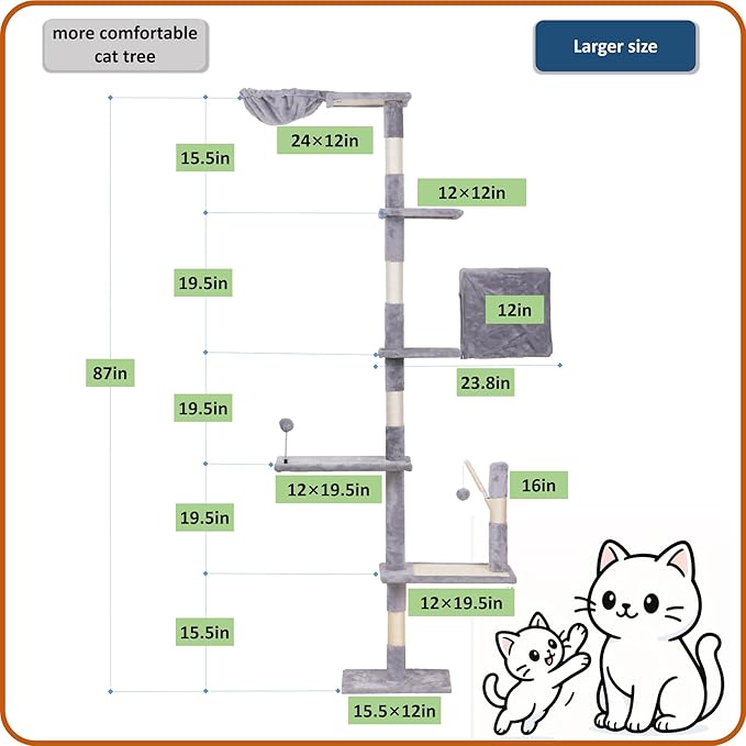 Wall Mounted Cat Climber Set, Modern Cat Furniture with ScratchingPost,Platforms，Dangling Balls,Condo，Suit for Cats Climb, Jump, Nap, Scratch-Gray