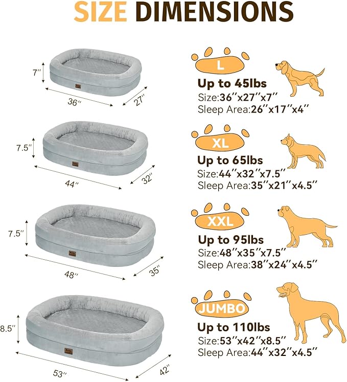 Orthopedic Waterproof Large Dog Bed: Memory Foam Washable Dog Bed with Bolsters - Removable Orthopedic Cover for Medium L XL Large Sized Pet - Non-Slip Bottom - Silver