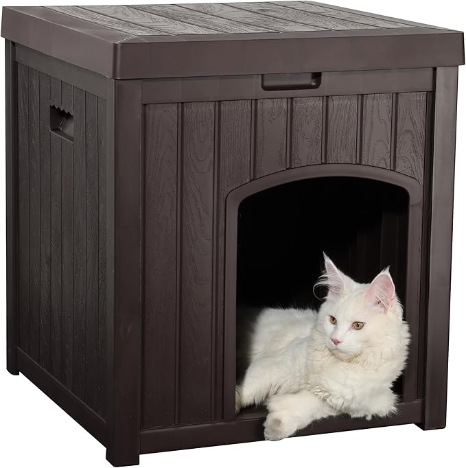 Outdoor Cat House for Winter Waterproof, Outside Multiple Kitty Feral Cat Houses, Outdoor Cat Litter Box Enclosure Weatherproof, Small Medium Dogs House Outdoor, Durable Resin Plastic, Brown