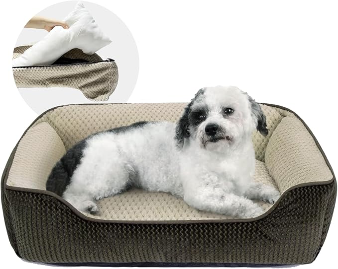 Miguel Medium Small Dog Bed with Washable Removable Cover - Rectangle Pet Bed for Indoor Cats with Bolster Soft Cuddle Bed for Puppies with Supportive Side Wall Slip-Resistant Bottom, Brown 25 Inches