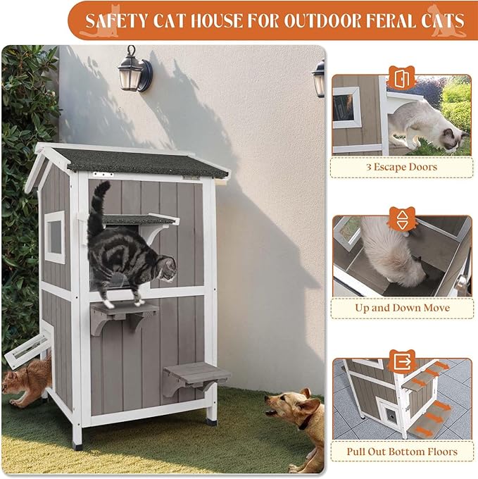 Outdoor Cat House Weatherproof Cats Shelter for Feral Kitten Pet Houses for 1-2 Small Animlas 2 Story Wooden Houses for Indoor Outdoor Cats with Escape Doors (23.5" L x 27" W x 38" H Grey)