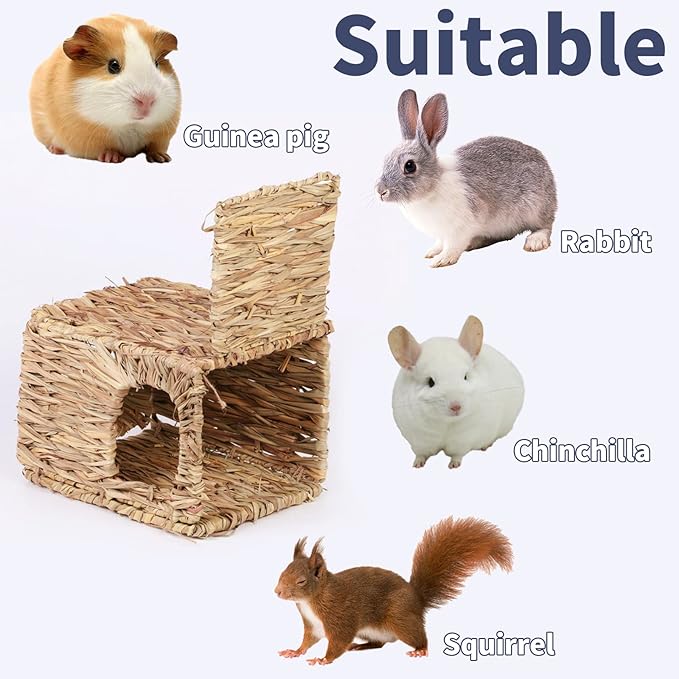 Hamiledyi 2 Pcs Grass House for Rabbit Natural Hand Woven Seagrass Play Hay Bed Foldable Woven Hideaway Hut Toy for Bunny Hamster Guinea Pig Chinchilla Small Animals