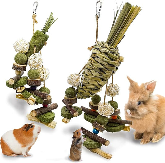 Rabbit Chew Toy, 2Pcs Bunny Cage Hanging Chew Toy & Treats,Natural Material Handwoven Chinchilla Treats Toys for Guinea Pig Hamster Rat and Other Small Pets Teeth Grinding