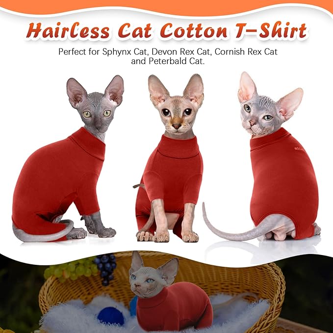 ROZKITCH Hairless Cat Clothes, Breathable Soft Cat Jumpers for Cats Only, Cat Coat with Four Legs, Warm Cat Sweater Cat T-Shirt Cat Pajamas Jumpsuit Vest Cornish Rex Devon Rex Peterbald Red 2XL