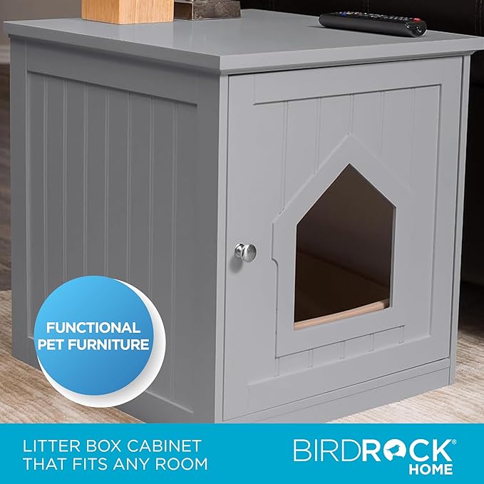 BIRDROCK HOME Decorative Cat House & Side Table | Grey Nightstand | Indoor Pet Crate | Litter Box Enclosure | Hooded Hidden Pet Box | Cats Furniture Cabinet | Kitty Washroom