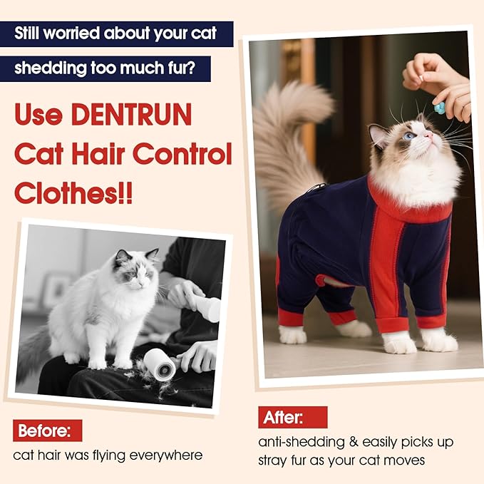 DENTRUN Cat Clothes with Anti-Shedding Fabric - Soft Recovery Suit & Breathable Lint-Resistant Cat Sweater for Wound Care & Hair Control, Kitten Onesie Pajamas, L, Dark Blue