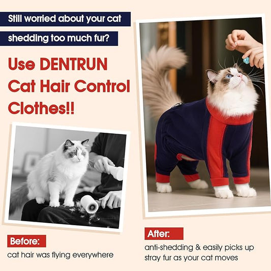 DENTRUN Cat Clothes with Anti-Shedding Fabric - Soft Recovery Suit & Breathable Lint-Resistant Cat Sweater for Wound Care & Hair Control, Kitten Onesie Pajamas, L, Dark Blue
