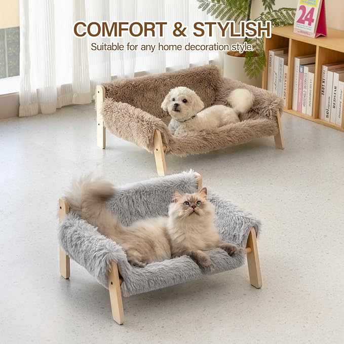 MEWOOFUN Cat Couch Bed, Pet Sofa for Indoor Cats Wooden Indoor Elevated Cat Beds with Removable Mattress Cover Suitable for Kitty, Puppy or Small Animal (Brown, Large)