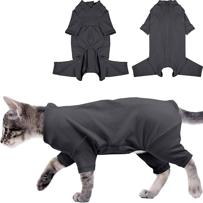 Sticky Hair Cat Clothes, Breathable & Lightweight, Reduces Shedding Fur Pajamas, Full Body Long Sleeve Surgical Bodysuit, Stop Licking & Shedding,Darkgrey,S