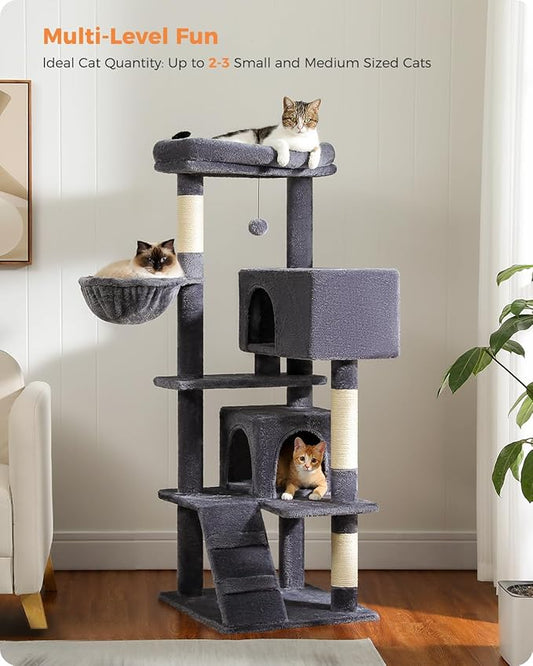 Cat Tree for Large Cats Adult with Super Large Top Perch, 56.3" Cat Tower for Large Cats with Plush Hammock, Cat Shelves and Dangling Pompom, Cat Scratching Posts and 2 Condos House, Dark Gray