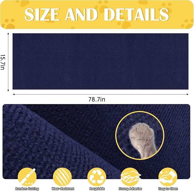 Self-Adhesive Cat Scratch Mat Trimmable Cat Scratching Post Carpet 79in Durable Carpet Mat Pad Replacement for Cat Tree Shelves Post Couch, Furniture, Walls & Doors DIY Cat Climbing Mat(Dark Blue)