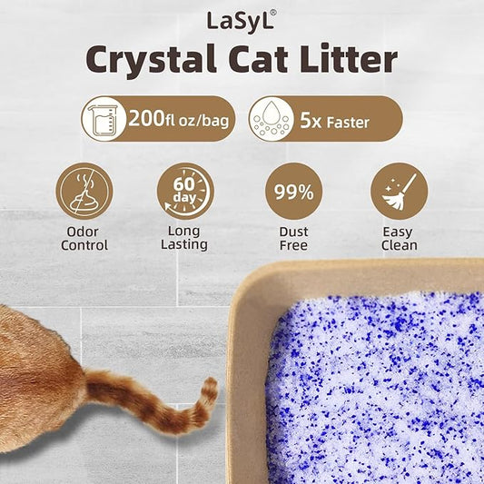 LaSyL Premium Crystal Cat Litter - 8.6 lb, Two Months Lasting - Superior Odor Control & Absorption, Non-Clumping, Low Tracking Silica Gel Safe for Pet, White & Blue (2 Bags of 4.3 lb)