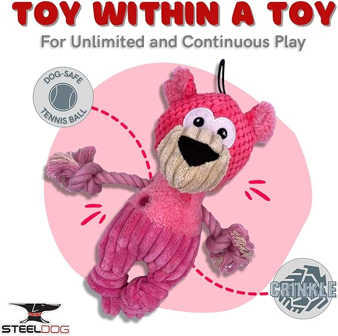 Steel Dog Polka Dot Pal Bear, Plush Dog Toy with Knotted Rope Hands and Feet, Dog Chew Toys for Small, Medium, Large Breed