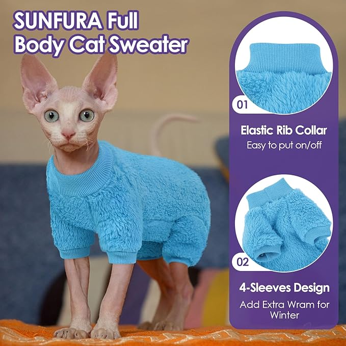SUNFURA Sphynx Hairless Cat Sweater, Full Body Warm Fleece Sweaters with Sleeves for Cats, Soft Turtleneck Cat Clothes, Cozy Pullover Pajamas for Hairless Cats Devon, Donskoy & Small Dogs, Blue L