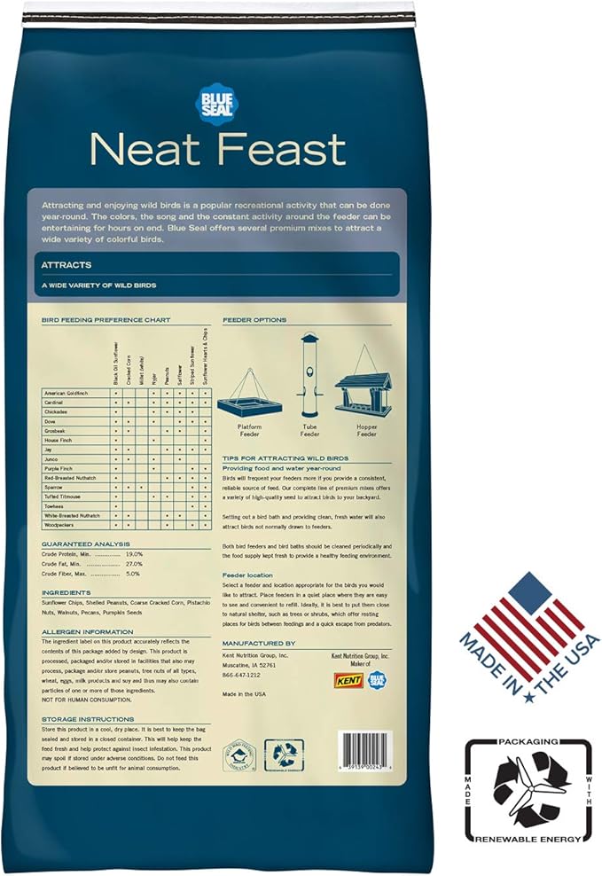 Blue Seal Neat Feast Wild Bird Seed | Attracts Wide Variety of Wild Outside Birds | Seed for Outside Feeder | Convenient Shell-Free Mix | Made in USA | 8 Pound Bag