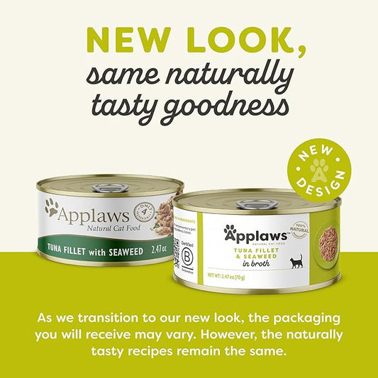 Applaws Natural Wet Cat Food, 24 Count, Limited Ingredient Canned Wet Cat Food, Tuna with Seaweed in Broth, 2.47oz Cans