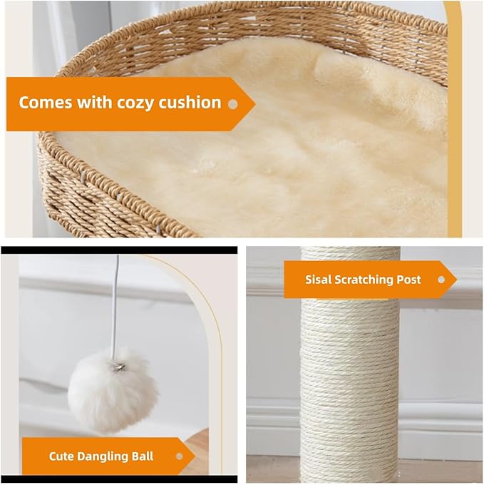 SHENGOCASE Modern Natural Wood Wooden Cat Tree Tower, 3 Large Rattan Wicker Basket Perch Beds with Cozy Cushion Sisal Scratching Post, Window View Design, for Cats up to 20 lbs