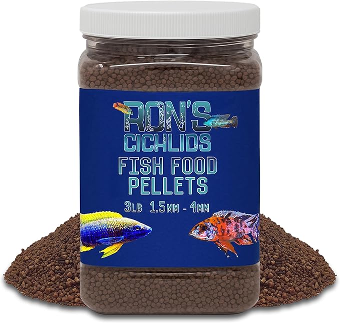 RON'S CICHLIDS Fish Food Pellets - USA Made Slow Sinking Pellets & Sticks Feed, Low Fillers, Koi, Pond, Goldfish, Tetras, Pleco, Oscar, Angelfish & Tropical Aquarium Fish, 1.5mm-4mm, Adult Blend 3 LB
