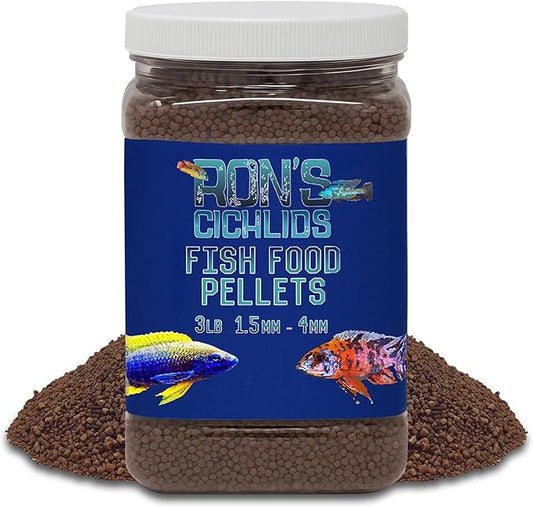 RON'S CICHLIDS Fish Food Pellets - USA Made Slow Sinking Pellets & Sticks Feed, Low Fillers, Koi, Pond, Goldfish, Tetras, Pleco, Oscar, Angelfish & Tropical Aquarium Fish, 1.5mm-4mm, Adult Blend 3 LB