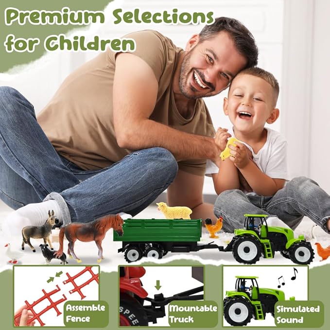 Farm Animal with 2 Tractors Toy, Realistic Plastic Farm Figures Including One Large Musical Truck with Sound Effects Farmer Fence Storage Box Christmas Birthday Easter Gift for Kids 3-8