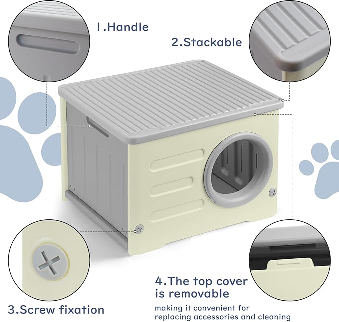 Plastic Cat House for Outdoor Indoor Use, Stackable Feral Cat Shelter Indoor Cat House Weatherproof Waterproof Elevated, with 2-Sided Cushion (Grey)