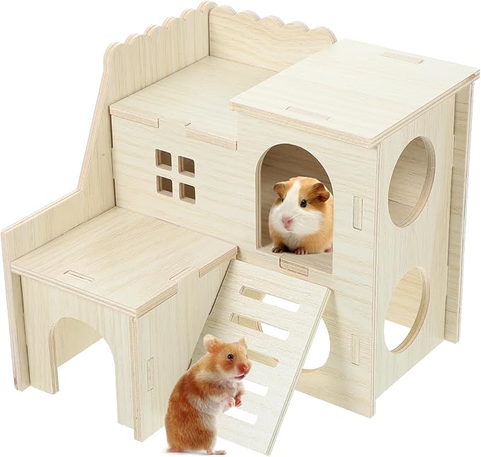 LOGOFUN Wooden Hamster Hideout Castle Multi-Chamber Hide Hut with Climbing Ladder for Chinchillas Guinea Pigs Small Pet Cage Accessories - 6 * 5 * 5in