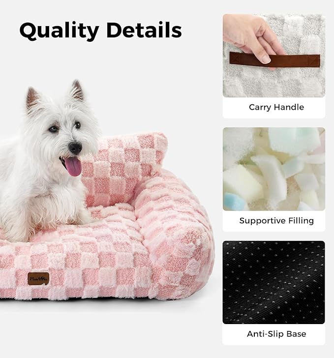 MADE 4 PETS Cat and Dog Indoor Couch Bed, Soft Faux Fur Checkered Pet Sofa, Cozy Fluffy Pet Sofa with Supportive Foam, Removable Washable Cover with Non-Slip Base, Pink, Medium