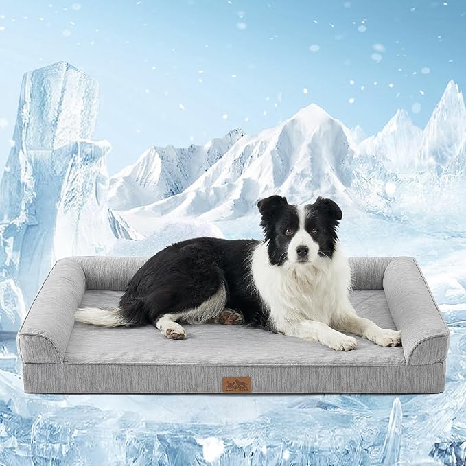 Cooling Dog Bed, Orthopedic Foam Dog Bed with Sides, Removable Washable Cover & Waterproof Lining and Nonskid Bottom, Comfortable Pet Beds for Large Dogs, Grey (42" L x 30" W x 7" Th)