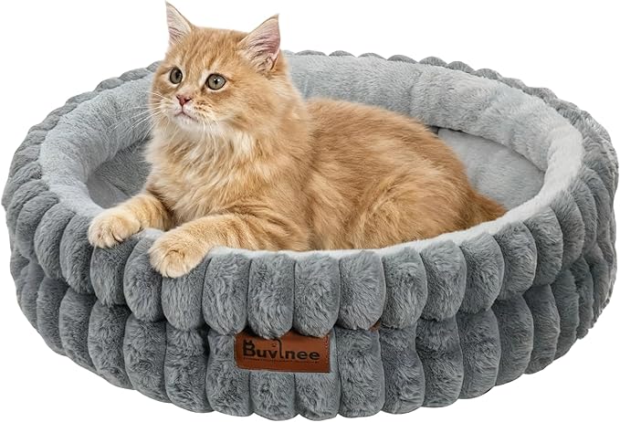 Cat Beds for Indoor Cats, Washable Round Bed for Small Dogs, Soft Pet Bed for Puppy and Kitten with Anti-Slip Bottom (Gray, 24in)
