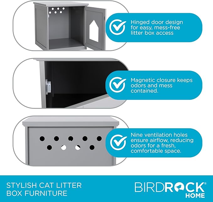 BIRDROCK HOME Decorative Cat House & Side Table | Grey Nightstand | Indoor Pet Crate | Litter Box Enclosure | Hooded Hidden Pet Box | Cats Furniture Cabinet | Kitty Washroom