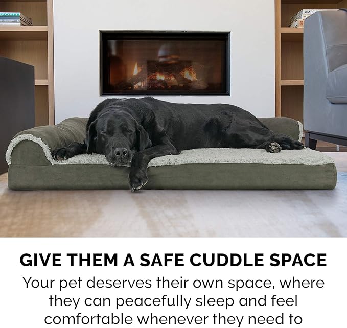 Furhaven Orthopedic Dog Bed for Large Dogs w/ Removable Bolsters & Washable Cover, For Dogs Up to 95 lbs - Two-Tone Plush Faux Fur & Suede L Shaped Chaise - Dark Sage, Jumbo/XL