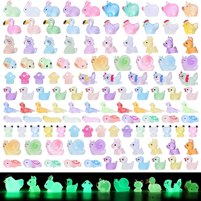 Luminous mini Resin Animals to Hide 120 Pcs Tiny Resin Animals Glow in The Dark for Miniature Fairy Garden Decoration Accessories Micro Landscape Aquarium Potted Decoration