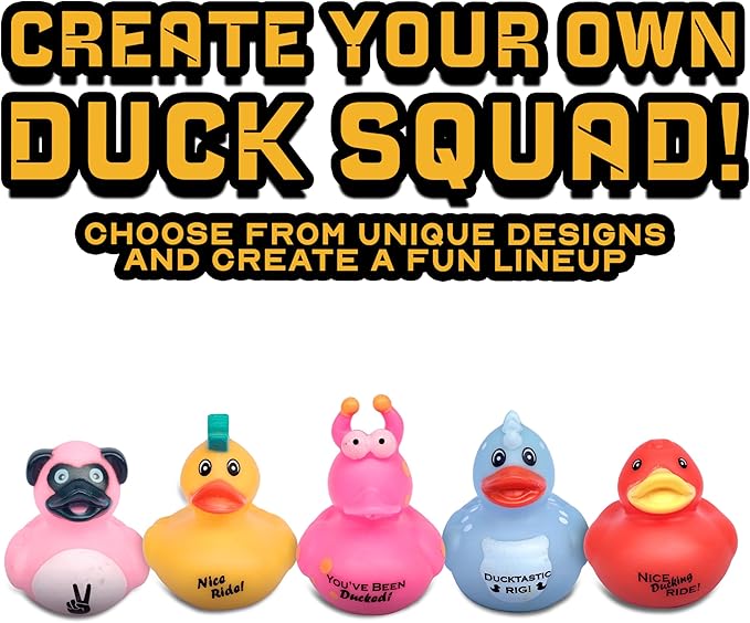Ducks with 5 Fun Logos for Jeep Ducking – 50 Pack of Bulk Assorted Duckies with Unique Designs for 4x4 Drivers, Dashboard Displays, Off-Road Duck Tagging, Trail Gifts, and Adult Ducking Traditions