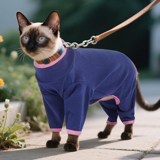 DENTRUN Cat Clothes for Hair Control with Hair Sticky Fabric - Soft Recovery Suit & Breathable Lint-Resistant Cat Sweater for Cats Only, Kitten Onesie Pajamas, M, Blue