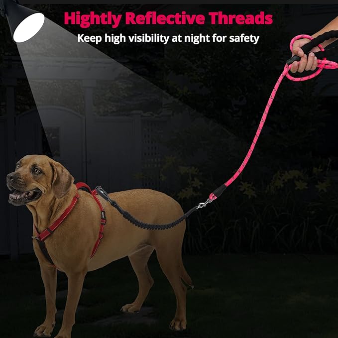 Long Dog Leash 40 FT: Heavy Duty Rope Leashes for Dogs Training with Swivel Lockable Hook Reflective Threads Bungee and Padded Handle - Dog Lead for Large Small Medium Dogs Outside Walking Hiking Pink