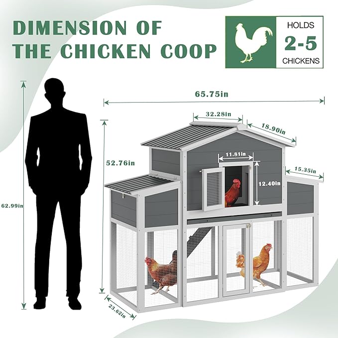 Wooden Chicken Coop for 2-6 Chickens, Outdoor Chicken House with Run & 2 Nest Boxes, Outside Hen House Poultry House Pet Hutch Chicken Cage with Waterproof Roof & Ramp, (66''LX32''WX53''H)